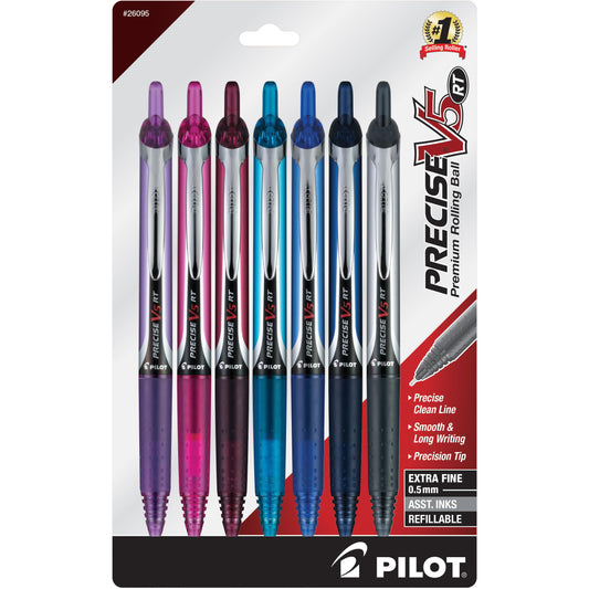 Pilot, Precise V5 RT Refillable & Retractable Liquid Ink Rolling Ball Pens, Extra Fine Point (0.5 mm) Assorted Ink Colors, Pack of 7