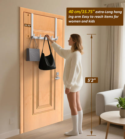 Long Over The Door Hooks, Heavy Duty Door Hanger for Winter Coat, with 15.75" Extended Arms for Easier Access by Women, L16C, Fits Standard 1 3/8'' Doors, Towel Racks Organization for Bathroom, White
