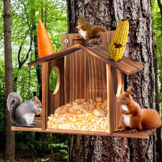 Okydoky Squirrel Feeder, Squirrel Feeders for Outside, Lid Can be Fixed on One Side， Durable Wooden Chipmunk Feeder Nuts Bar for Corn, Peanuts, Sunflower Seeds, CA.SSWSQ01