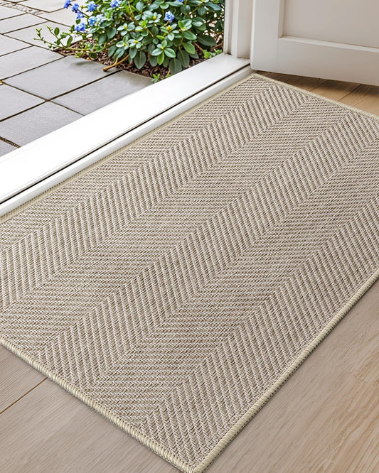 Color&Geometry Indoor Door Mat 24" x 36" Non Slip Low Profile Floor Mat, Ultra Thin Washable Entrance Mat Indoor, Unique Herringbone Design Carpet for Inside, Patio, Porch, Khaki(FOLD)