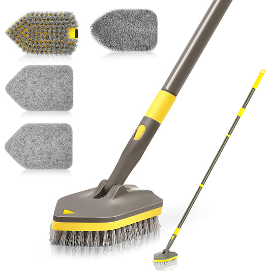 NEWE Shower Cleaner Brush, Tub Tile Scrubber with Telescopic Long Handle 56 inches, 4 Scrub Heads for Cleaning Bathroom Bathtub Floor Baseboard Sink Kitchen Toilet Brown Yellow