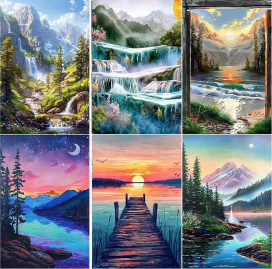 EWJRNSF 6 Pack 5D Diamond Painting Kits for Adults, Diamond Art Kits for Beginners of All Ages, Round Full Drill Painting by Numbers Crafts Home Wall Decor 12 x 16 Inches Landscape