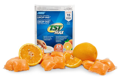 Camco TST MAX Camper/RV Toilet Treatment Drop-INs - Control Unwanted Odors and Break Down Waste and Tissue - Safe Septic Tank Treatment - Orange Scent, 15-Pack (41180)