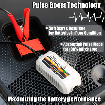 MOTOPOWER MP00205B 12V 1000mA Automatic Battery Charger, Battery Maintainer, Trickle Charger, and Battery Desulfator with Timer Protection