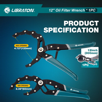 LIBRATON Oil Filter Wrench, 12" Oil Filter Pliers, Quick Adjustable Oil Filter Removal Tool with Spring Structure (2-3/8" to 4-3/4" Opening), One-Hand Use, for Cars, Motorcycles & Trucks