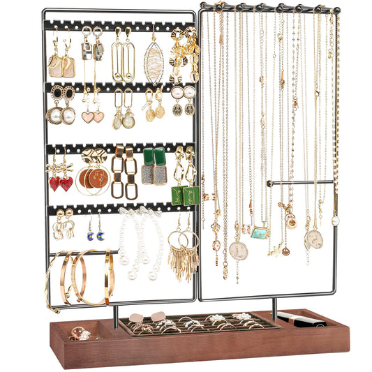 ProCase Earring Holder Necklace Organizer Jewelry Stand, 144 Holes Jewellery Organizers Earring Display Storage Rack with Removable Wooden Ring Tray for Bracelets Rings, Gifts for Women Girls -Black