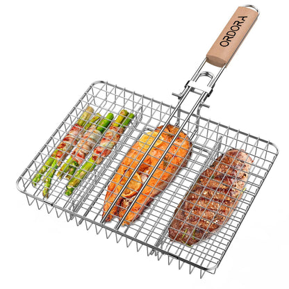 ORDORA Grill Basket, Fish Grill Basket, Rustproof 304 Stainless Steel BBQ Grilling Basket for Meat,Steak, Shrimp, Vegetables, Chops, Heavy Duty Portable Grill Outdoor Camping Grill, Deep