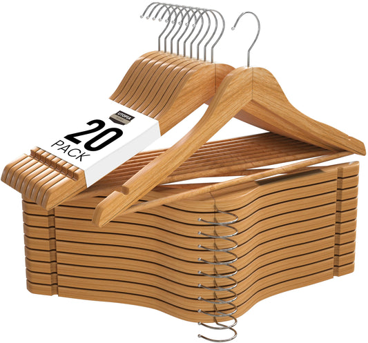 Utopia Home Pack of 20 Non-Slip Premium Wooden Hangers - 360 Degree Rotatable Hook - Durable & Slim - Shoulder Grooves - Lightweight Hangers for Coats, Suits, Pants and Jackets - Natural Finish