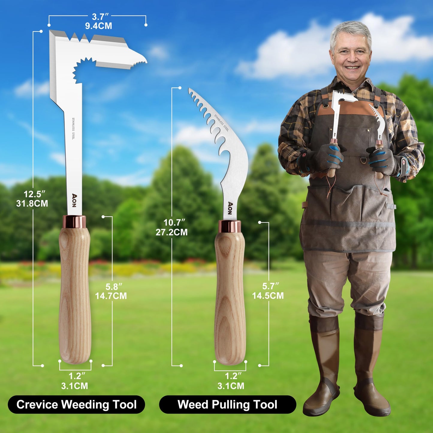 AON 2-Pack Hand Crack Weeder Puller Tool Set - Made with Durable Steel and Ash Wood Ergonomic Handles, Weeding Tools Ideal for Gardens and Patio Lawns to Efficiently Remove Weeds from the Root