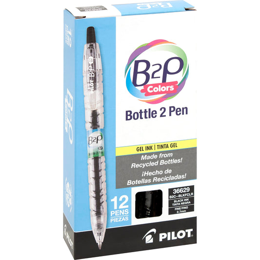 Pilot B2P Colors, Bottle to Pen, Retractable Gel Roller Pens Made from Recycled Bottles, Fine, Black Ink, Clear Barrel, Dozen Box -36629