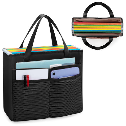 Prokva File Folder Tote Bag with Handle, Portable Document Organizer Box for Letter Size File Folder, Folding File Case for Home Office, Travel, Black, Empty Bag, Patent Design