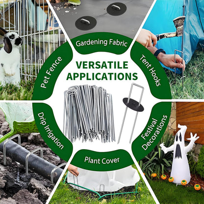 AAGUT 50Pcs 6 Inches U-Shaped Landscape Staples with Gasket Kit Garden Stakes and Plastic Fixing Gasket Pegs for Landscaping Fabric Geotextile Weed Barrier Fabric Sod Turf Fencing Small Tents