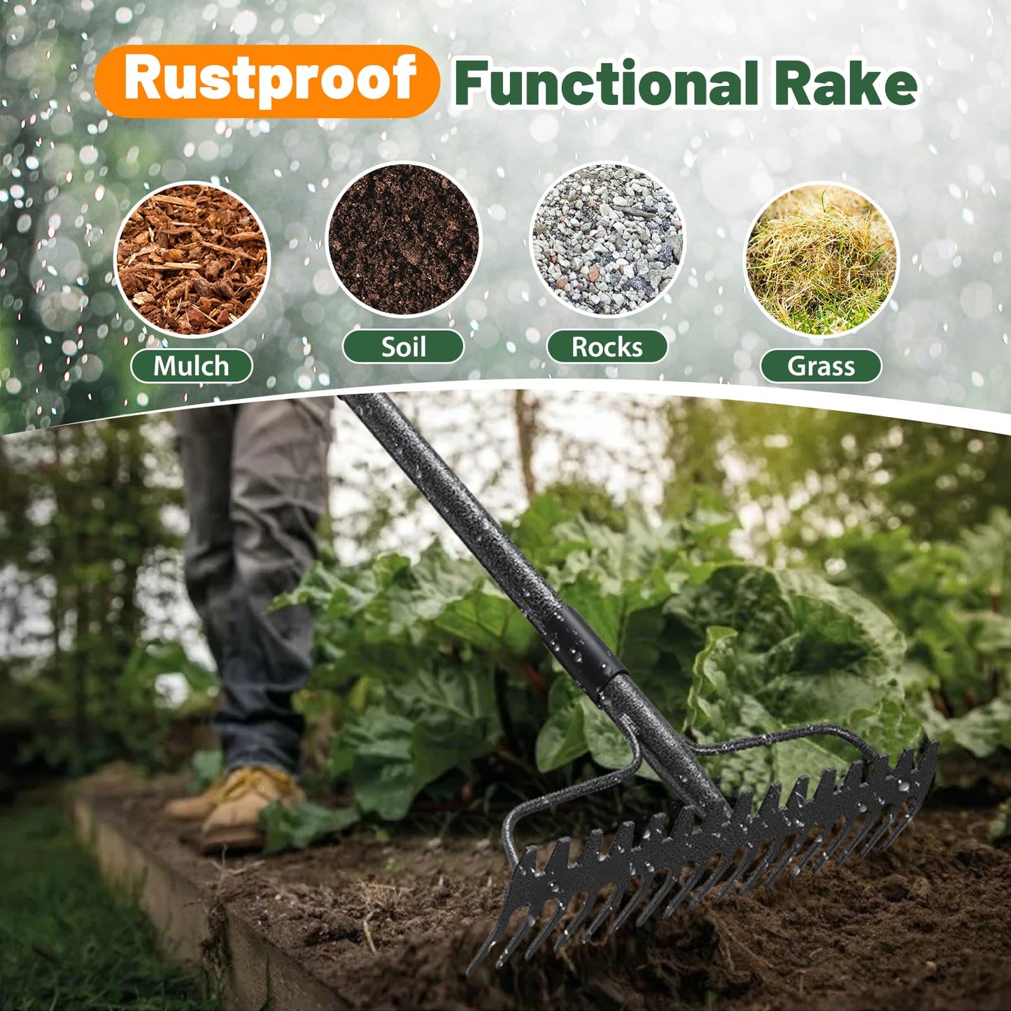 Garden Rake, 49" Long Long Handle, 17" Wide Heavy Duty Garden Leaf Rake for Thatching Raking Leaf Loosening Soil Gathering Mulch Leveling Rocks, Metal Bow Rakes for Leaves Grass