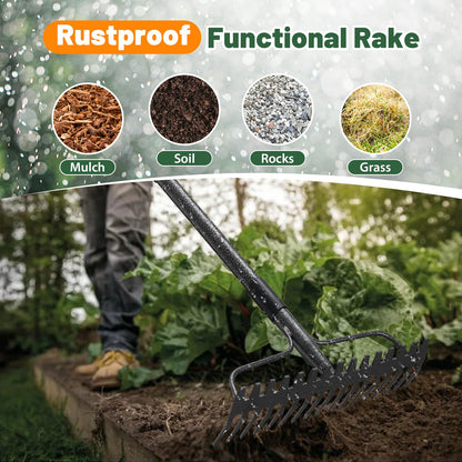 Garden Rake, 49" Long Long Handle, 17" Wide Heavy Duty Garden Leaf Rake for Thatching Raking Leaf Loosening Soil Gathering Mulch Leveling Rocks, Metal Bow Rakes for Leaves Grass