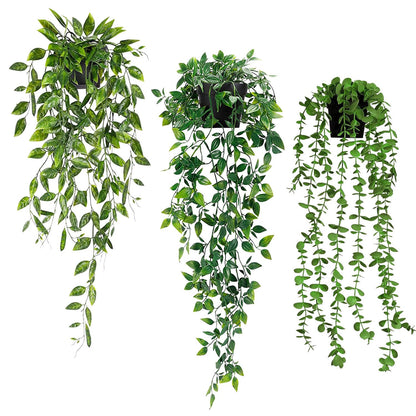 Artificial Hanging Plants 3Pcs Potted Greenery Decor - Grey Eucalyptus Mandala Snow Pea Vine in Pot Plants for Office Farmhouse Home Indoor Outdoor Decor