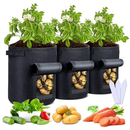 Sfee 10 Gallon Grow Bags, 3 Pack 400GSM Thickened Potato Grow Bags with Reinforced Handles, Double Layer Non-Woven Fabric Pots Heavy Duty Garden Bags to Grow Vegetables Carrot Onion+3 Garden Labels