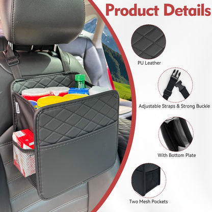Witaxima Upgrade Car Seat Organizer Backseat with Storage Pockets Multipurpose Car Organizer Hanging Car Trash Bag Can Premium PU Leather Garbage Can 2.14 Gallon Black