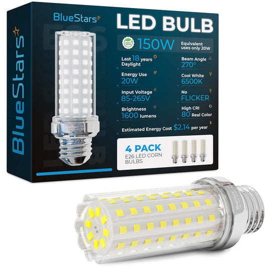 BlueStars 4 Packs E26 LED Corn Light Bulbs 20W Super Bright, 150W Led Corn Cob Light, 6500K Daylight White, 1600 lumens, Non-dimmable for Home Garage Warehouse Commercial & Large Area Lighting