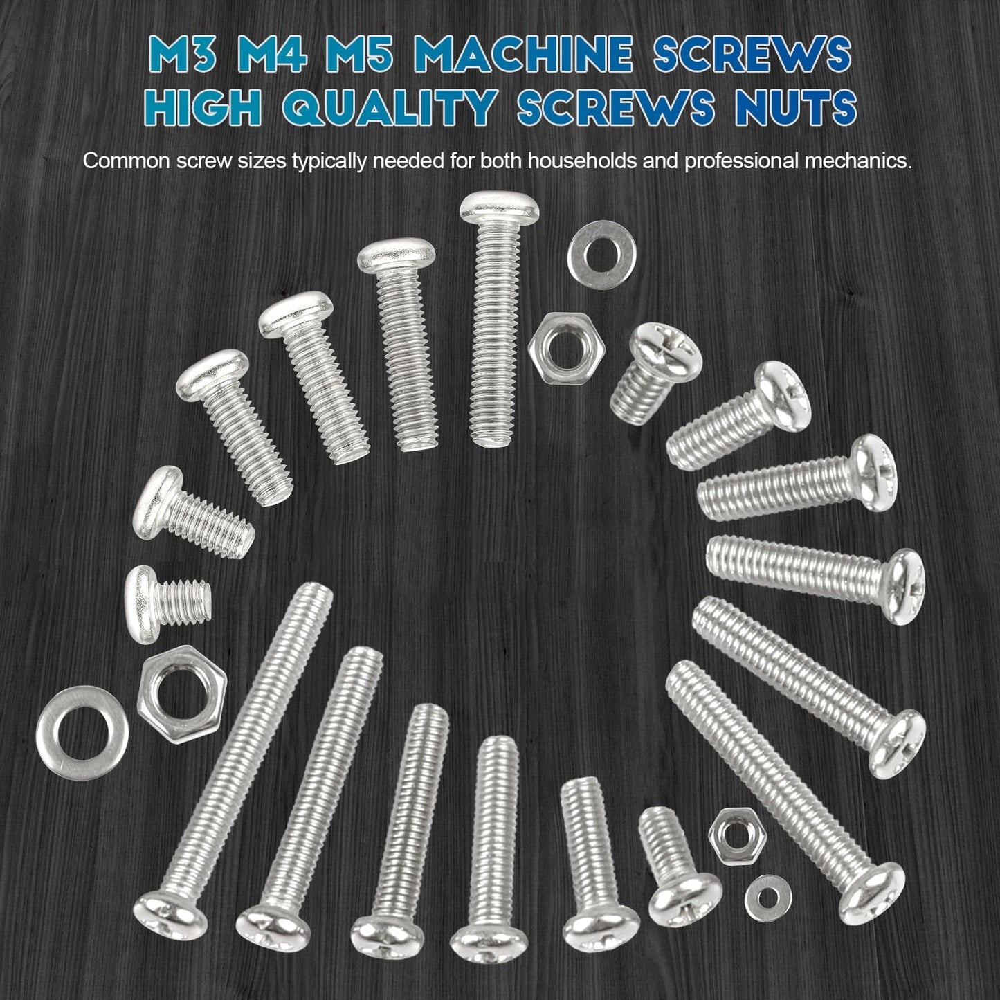 NINDEJIN 304 Stainless Steel Phillips Pan Head Machine Screws Assortment Kit - 721pcs, M3 M4 M5 Machine Screw Assorted Cross Round Head Screw Bolts Nuts Flat Washers Set - 18 Size