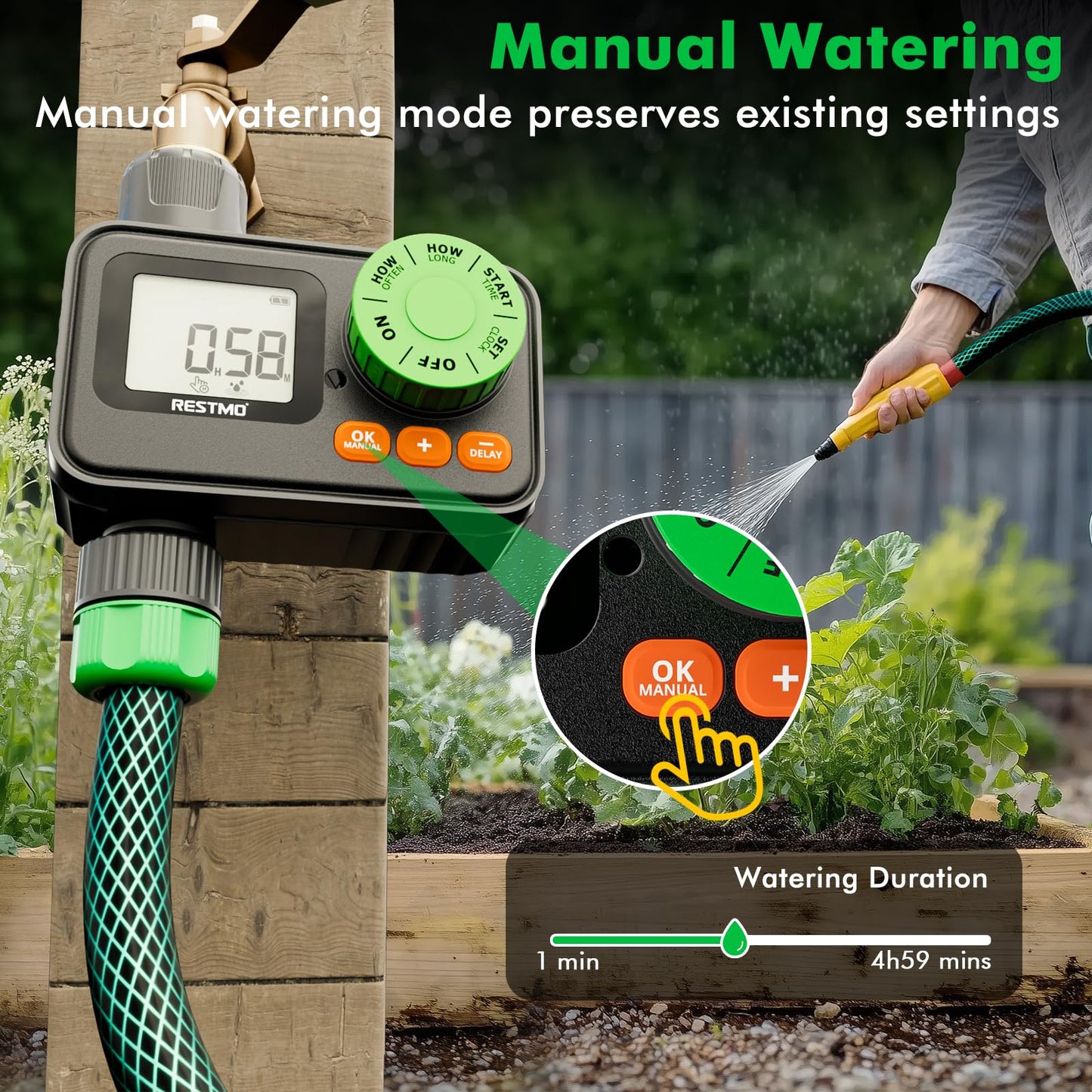 RESTMO Water Timer, Sprinkler Timer for Garden Hose, Programmable Hose Timer with Automatic/Rain Delay/Manual Watering, Digital Irrigation Timer for Outdoor Faucet, Yard and Lawn
