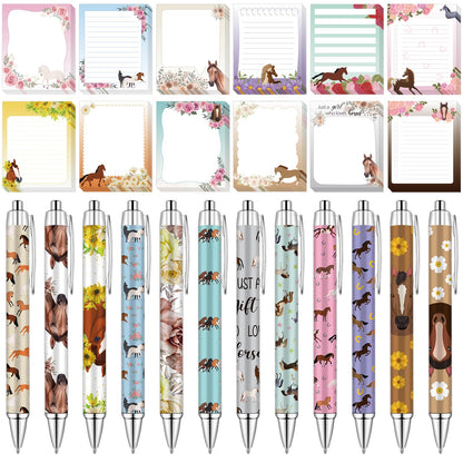 LIUBUJINGYING 24 PCS Horse Sticky Notes with Pen Cute Memo Notes Black Ink Ballpoint Pens Horse Lover Animal Lover Gifts,Teacher Appreciation Gifts Back to School Pens Small Bussiness Supplies