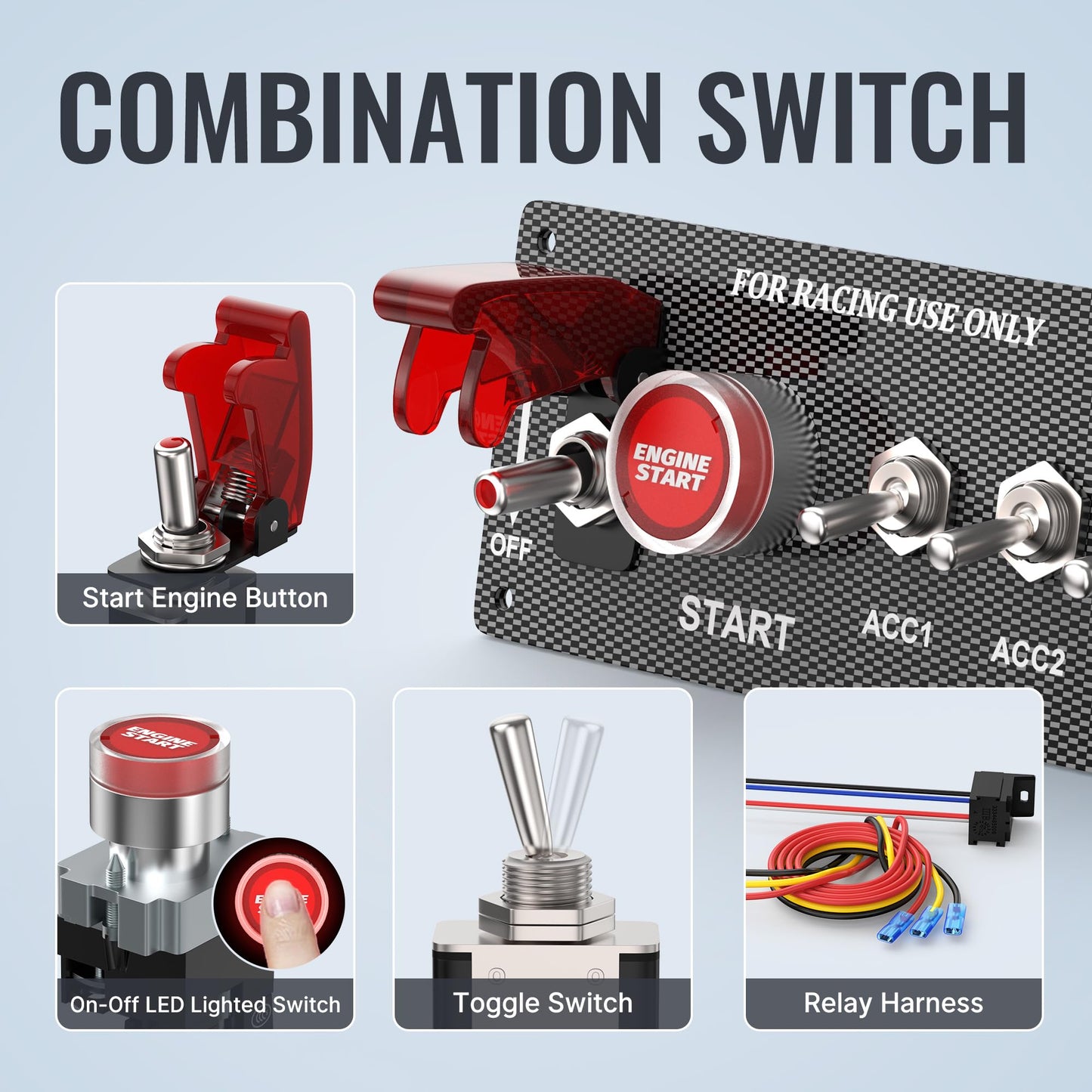 RVBOATPAT 5 in 1 Ignition Switch Panel Race Toggle Switch Panel DC 12V 30A Racing Switch Panel Push Start Ignition Kit for Car Truck