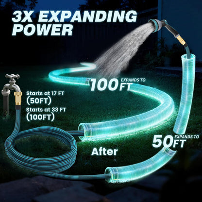 Upgarded 50FT Expandable Garden Hose with 10 Pattern Spray Nozzle Solid Fitting – Lightweight Kink-Free Retractable Water Hoses for Gardening - Blue