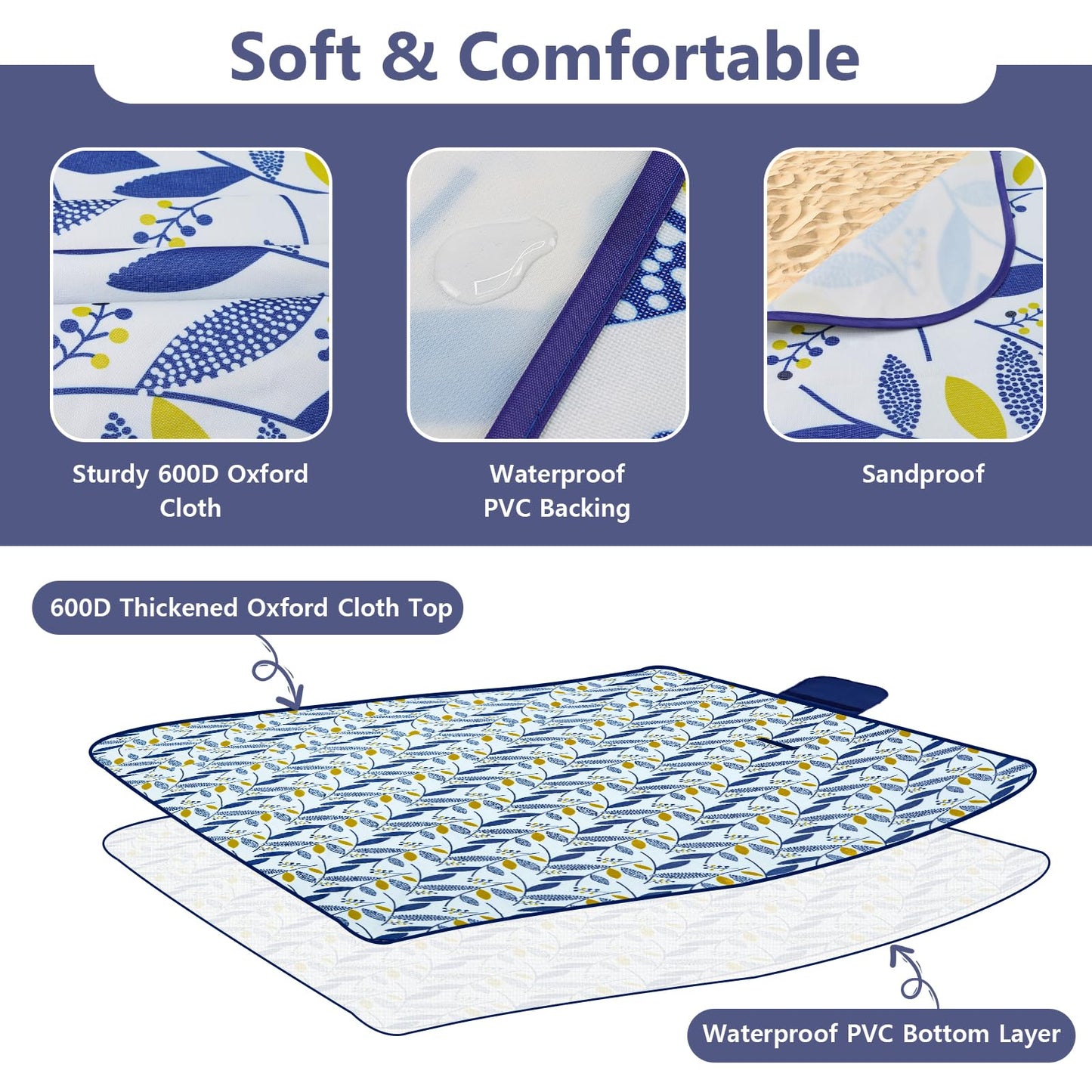 Habaylin Picnic Blanket Large, 79"X79" Waterproof Extra Large Beach Blanket, Foldable Picnic Blanket for Hiking, Party, Camping on Grass Sandproof Handy Picnic Mat