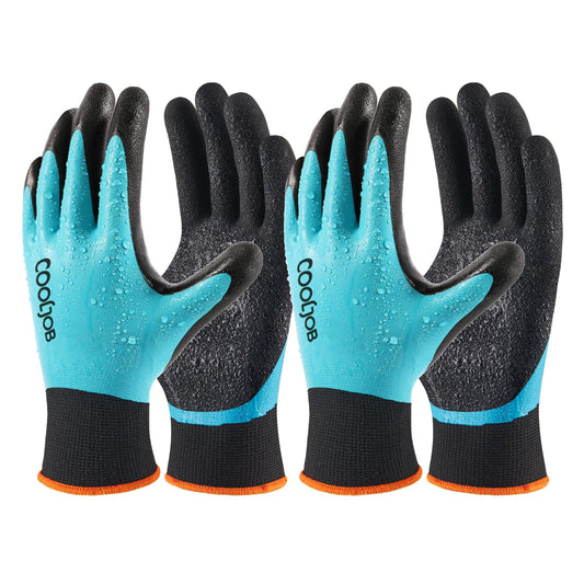 COOLJOB Waterproof Gardening Gloves for Women & Men, 2 Pairs Pack Work Gloves with Double Latex Coating, for Construction, Mechanic, General Purpose, Blue, Medium