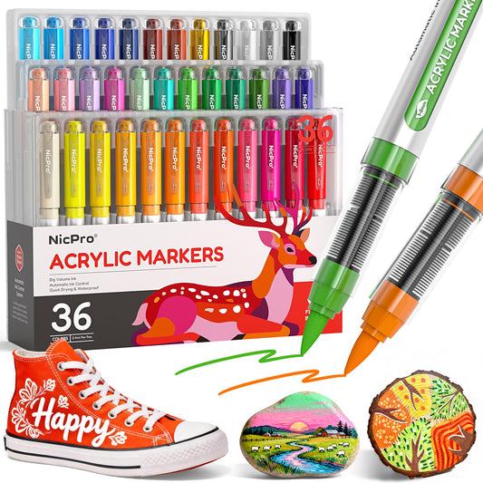 Nicpro 36 Colors Acrylic Paint Markers, Water-Based No Toxic Brush Tip Paint Pen with Automatic Ink Control, Coloring Markers for Rock, Glass, Canvas, Craft, Art Supplies Perfect for Diy Beginner Gift