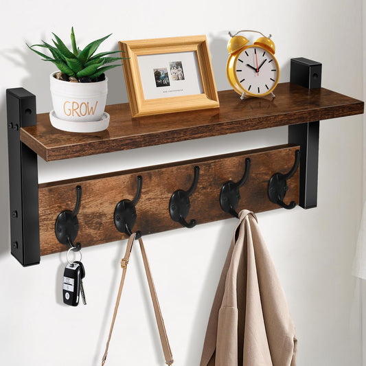 Orapoke Wall Shelf with Hooks, 17" Coat Rack Wall Mount with Shelf, Coat Hook Wall Mount with Five Heavy Duty Double Hooks for Bathroom, Bedroom, Living Room (One Tier)