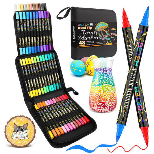 Betem 48 Colors Paint Markers Acrylic Paint Pens, Dual Tip with Brush Tip and Fine Point, Art Supplies for Wood, Canvas, Stone, Glass, Ceramic, Rock Painting Kit DIY Crafts Making Drawing Kit with Bag