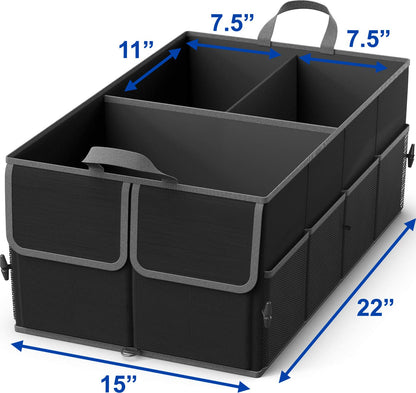 EPAuto Car Trunk Organizer 56L Foldable 3 Compartment with Securing Straps, Buckles and 10 Pockets, Black