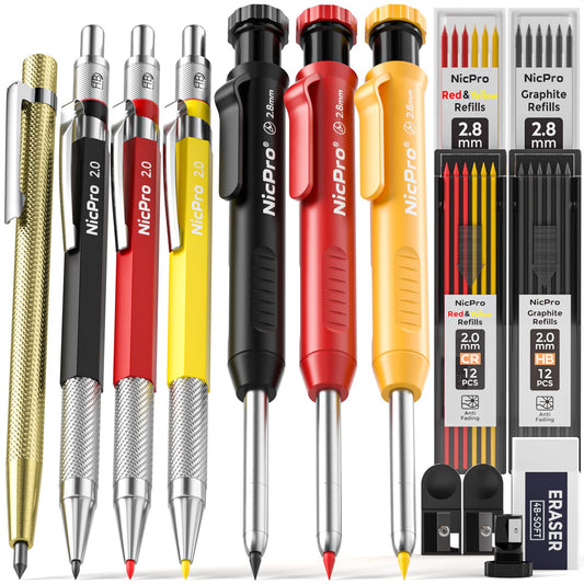 Nicpro 16 Pack Mechanical Carpenter Pencil Set with 42 Refills & Carbide Scribe Tool, Deep Hole Marker Construction Pencils Heavy Duty Woodworking Pencils Built-in Sharpener for Construction Architect