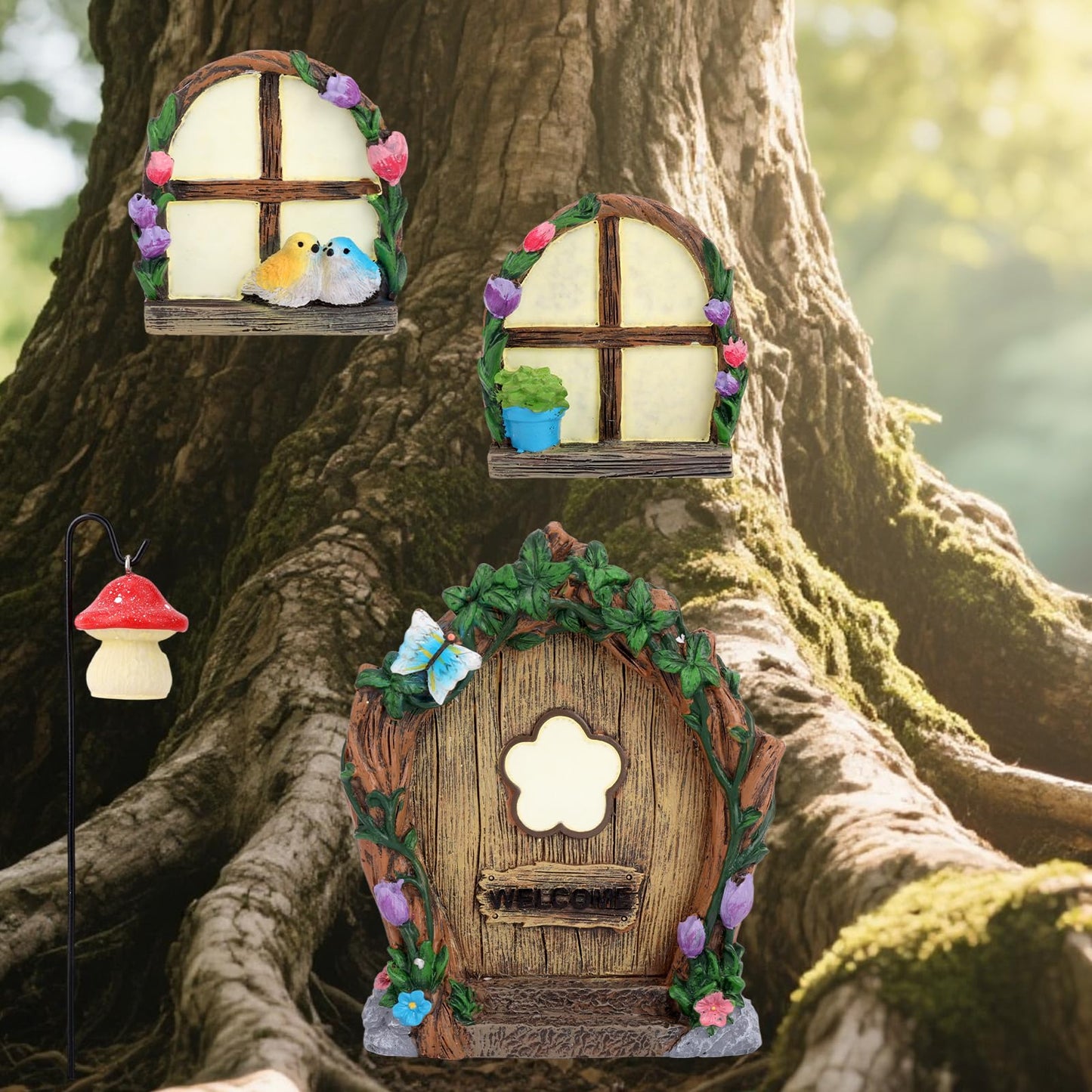 4pcs Fairy Door Windows & Lantern Set for Tree, Glow-in-The-Dark Miniature Fairy Garden Accessories for Outdoor Lawns Yard Landscape Gnome House Garden Decor