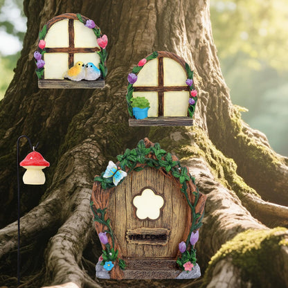 4pcs Fairy Door Windows & Lantern Set for Tree, Glow-in-The-Dark Miniature Fairy Garden Accessories for Outdoor Lawns Yard Landscape Gnome House Garden Decor