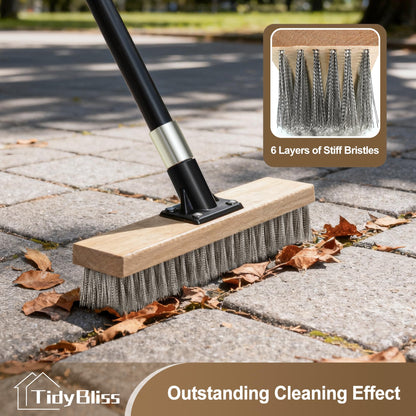 TidyBliss Stainless Steel Wire Scrub Brush with Long Handle, Heavy Duty Stiff Metal Broom Scrubber, Outdoor Moss Removal for Concrete Floor, Deck, Garden, Patio, Roof, Brick, Garage, Swimming Pool