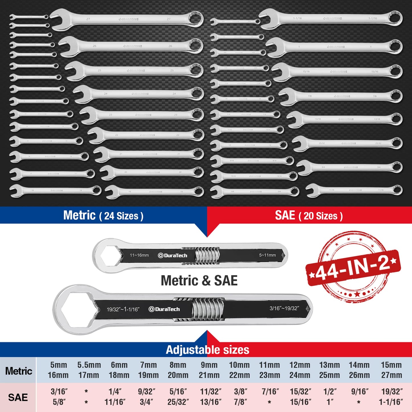 DURATECH Universal Wrench Set, Adjustable Wrench Set, SAE & Metric, 8-inch&10-inch, 44 Sizes in 2 Piece, Drop Forged, ANSI Standard