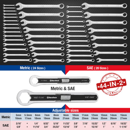 DURATECH Universal Wrench Set, Adjustable Wrench Set, SAE & Metric, 8-inch&10-inch, 44 Sizes in 2 Piece, Drop Forged, ANSI Standard