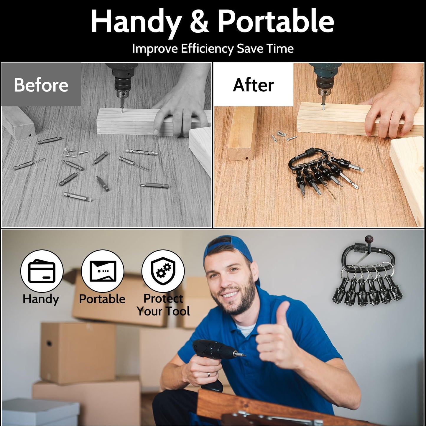 Upgrade 18 Pcs Bit Holder Keychain with 3 Black Carabiner, 1/4 Inch Hex Shank Screwdriver Bits Holder, Screw Adapter Quick Release Hand-Held Impact Socket Holder for Electric Screwdrivers (Black-3set)