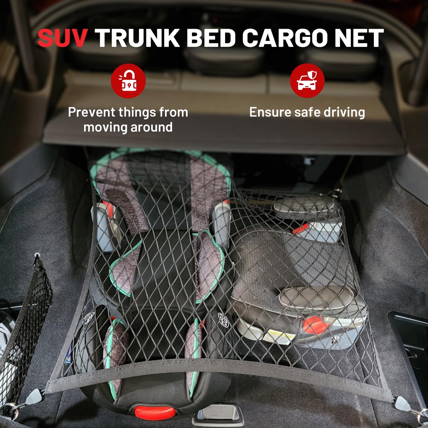 RED WOLF Elastic Cargo Net for SUV Pickup Trunk Bed Netting Trunk Bed Cover Net Stretchable Mesh Organizer 32" x 24" Stretch to 63"x43" with Fixing Hooks D-Rings