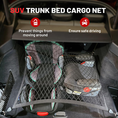 RED WOLF Elastic Cargo Net for SUV Pickup Trunk Bed Netting Trunk Bed Cover Net Stretchable Mesh Organizer 32" x 24" Stretch to 63"x43" with Fixing Hooks D-Rings