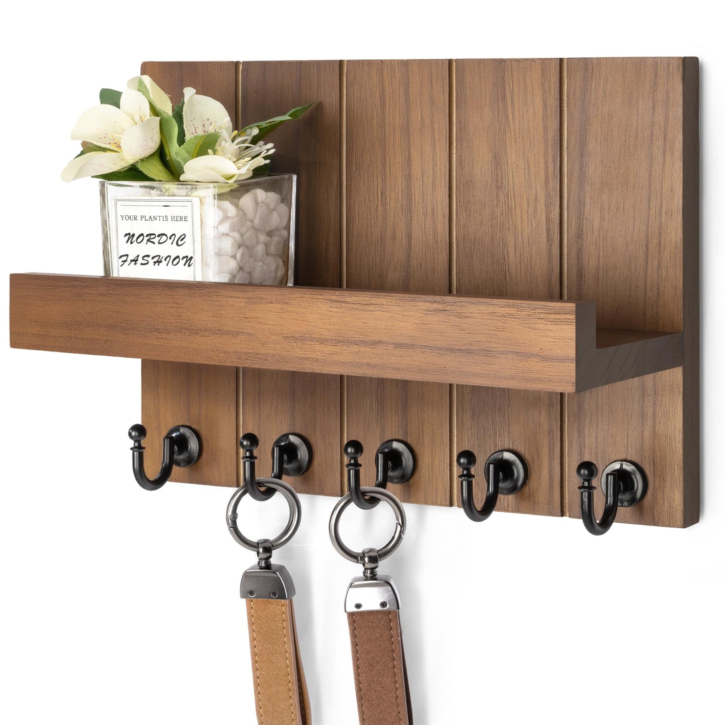 Rebee Vision Decorative Key Holder for Wall - Rustic Key Hooks with Shelf and Mail Organizer Wall Mount for Farmhouse Decor Living Room - Home Essentials for New Home (Retro Brown)