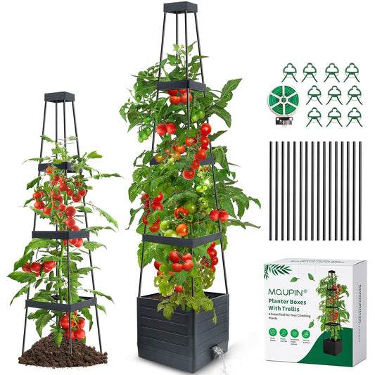 MQUPIN Tomatoes Planter Boxes Raised Garden Bed with Trellis for Climbing Vegetables Plants, Self-Watering Planter Boxes Outdoor Adjustable Vine Support