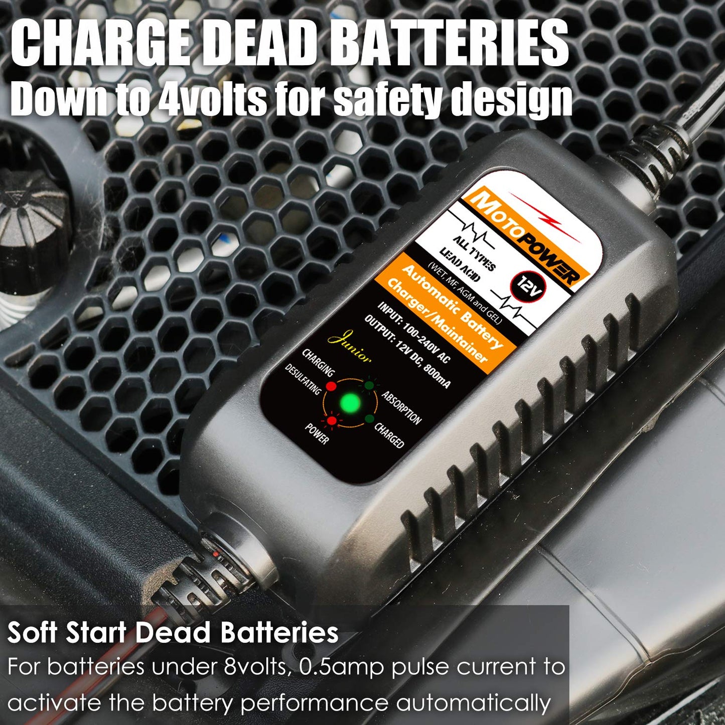 MOTOPOWER MP00205A 12V 800mA Automatic Battery Charger, Battery Maintainer, Trickle Charger, and Battery Desulfator