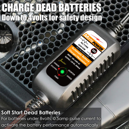 MOTOPOWER MP00205A 12V 800mA Automatic Battery Charger, Battery Maintainer, Trickle Charger, and Battery Desulfator