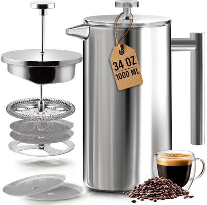 KICHLY 34 OZ French Press, Stainless Steel Double Walled Insulated Coffee Press with Refined Filters, Espresso and Tea Maker - Silver