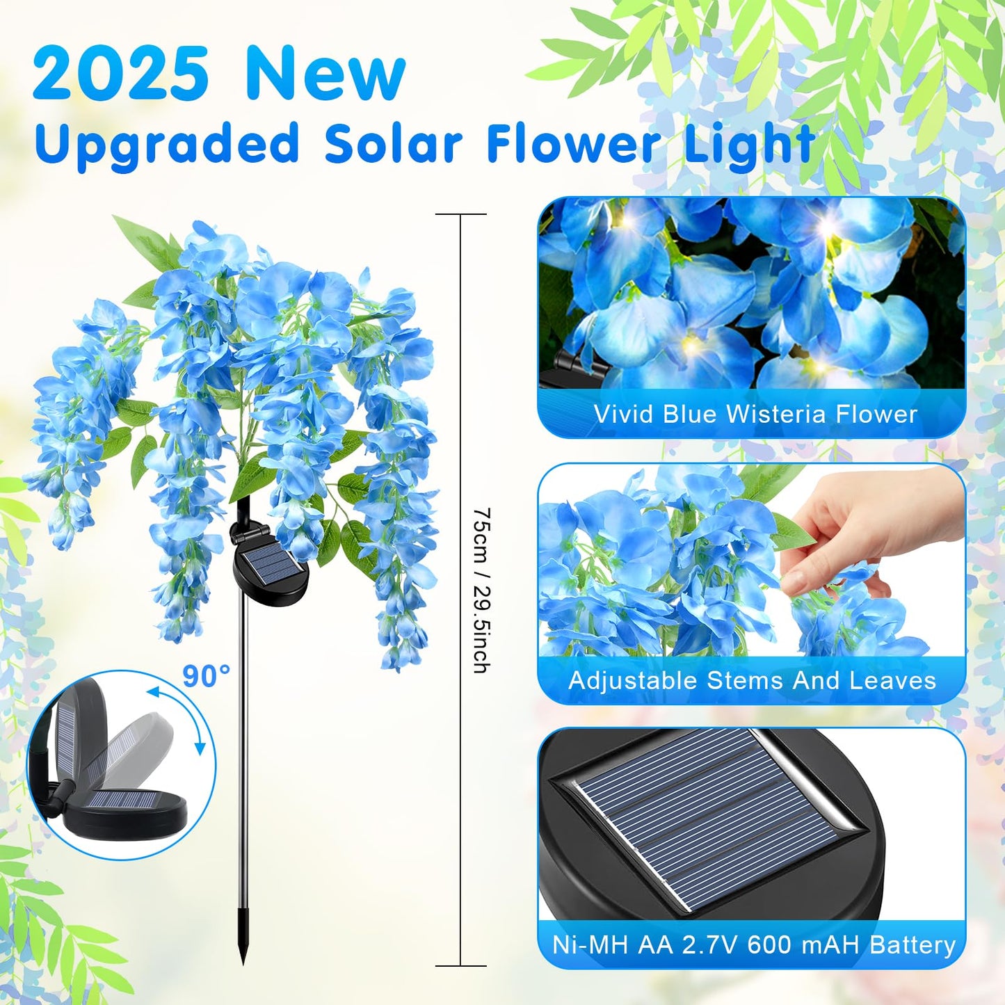 Fohil 2 Pack Solar Garden Lights, Solar Blue Wisteria Flower Lights, 2Lighting Mode Waterproof Solar Lights Outdoor Decoration for Garden Yard Pathway Grave Landscape