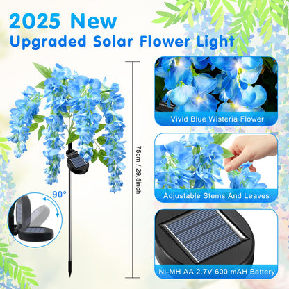 Fohil 2 Pack Solar Garden Lights, Solar Blue Wisteria Flower Lights, 2Lighting Mode Waterproof Solar Lights Outdoor Decoration for Garden Yard Pathway Grave Landscape