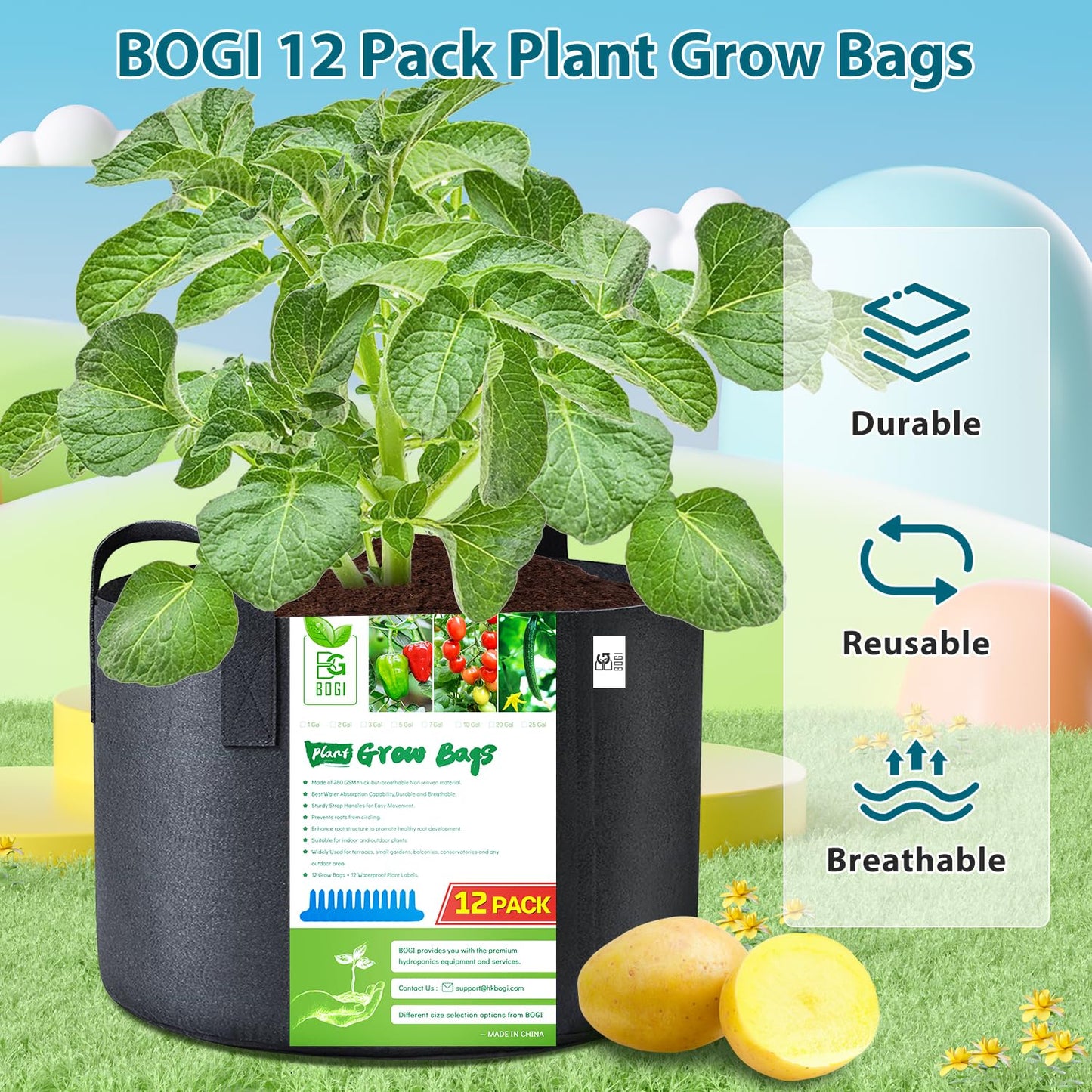 BOGI Grow Bags 12 Pack 5 Gallon Grow Bags Heavy Duty Thickened Nonwoven Grow Bag with Durable Habdles Fabric Pot for Vegetable Flower Potato Garlic Indoor Outdoor Plants + 12 Waterproof Plant Labels